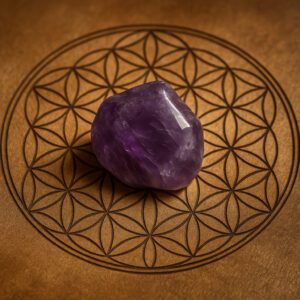 Améthyste naturelle posée sur une gravure de Fleur de Vie en lumière douce, vue rapprochée réaliste