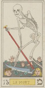 Arcane XIII du Tarot d’Oswald Wirth (1889), carte sans titre représentant le squelette à la faux dans le style symboliste de l’auteur.